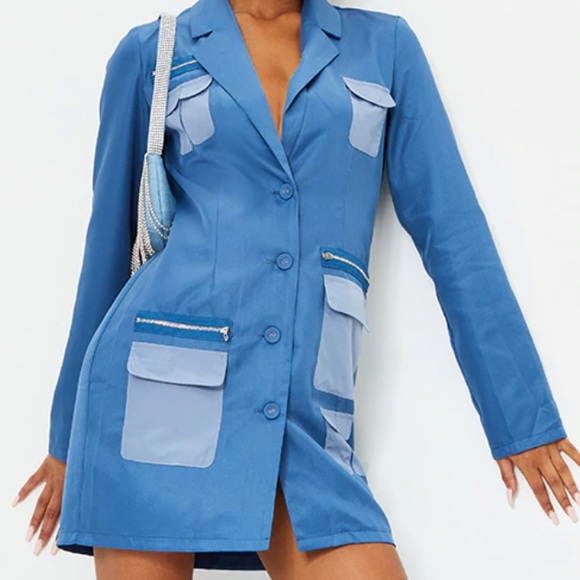 Blue Woven Multi Pocket Zip Detail Blazer Dress - Picture 4 of 5